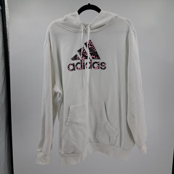 Adidas Womens‎ Hoodie Plus 2X Leopard Print Logo Sweatshirt Pullover White Pink - Picture 1 of 8